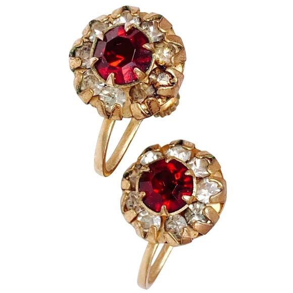 VTG Signed White Co 1940s 1950s Screw Back Earrings 12K GF Ruby Red Rhinestones - Picture 1 of 12